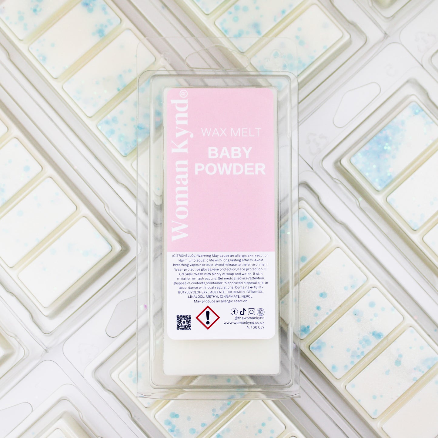 A wax melt pack labeled 'Baby Powder' with a clear visual of the product name and the scent 'Baby Powder' indicated at the bottom.
