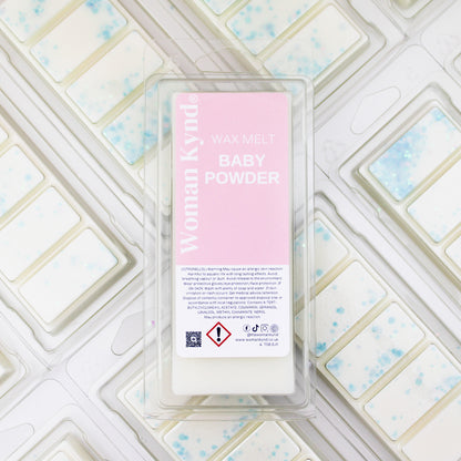 A wax melt pack labeled 'Baby Powder' with a clear visual of the product name and the scent 'Baby Powder' indicated at the bottom.