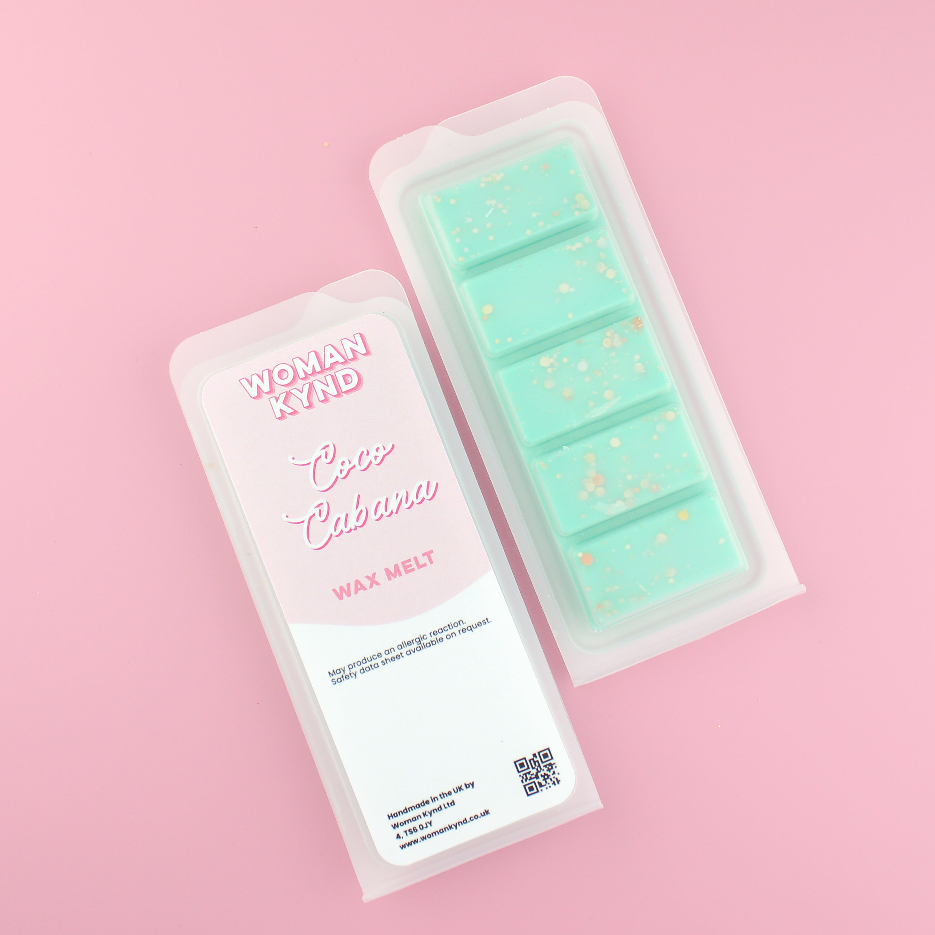 Two images of a Woman Kynd five segment mint green Wax Melt with white and gold glitter, both in a frosted clamshell. The first image displays the pink and white label with the words Woman Kynd Coco Cabana Wax Melt and the CLP information, and the other image is of the reverse side showing the Wax Melt Itself. Both images are against a solid pink background.