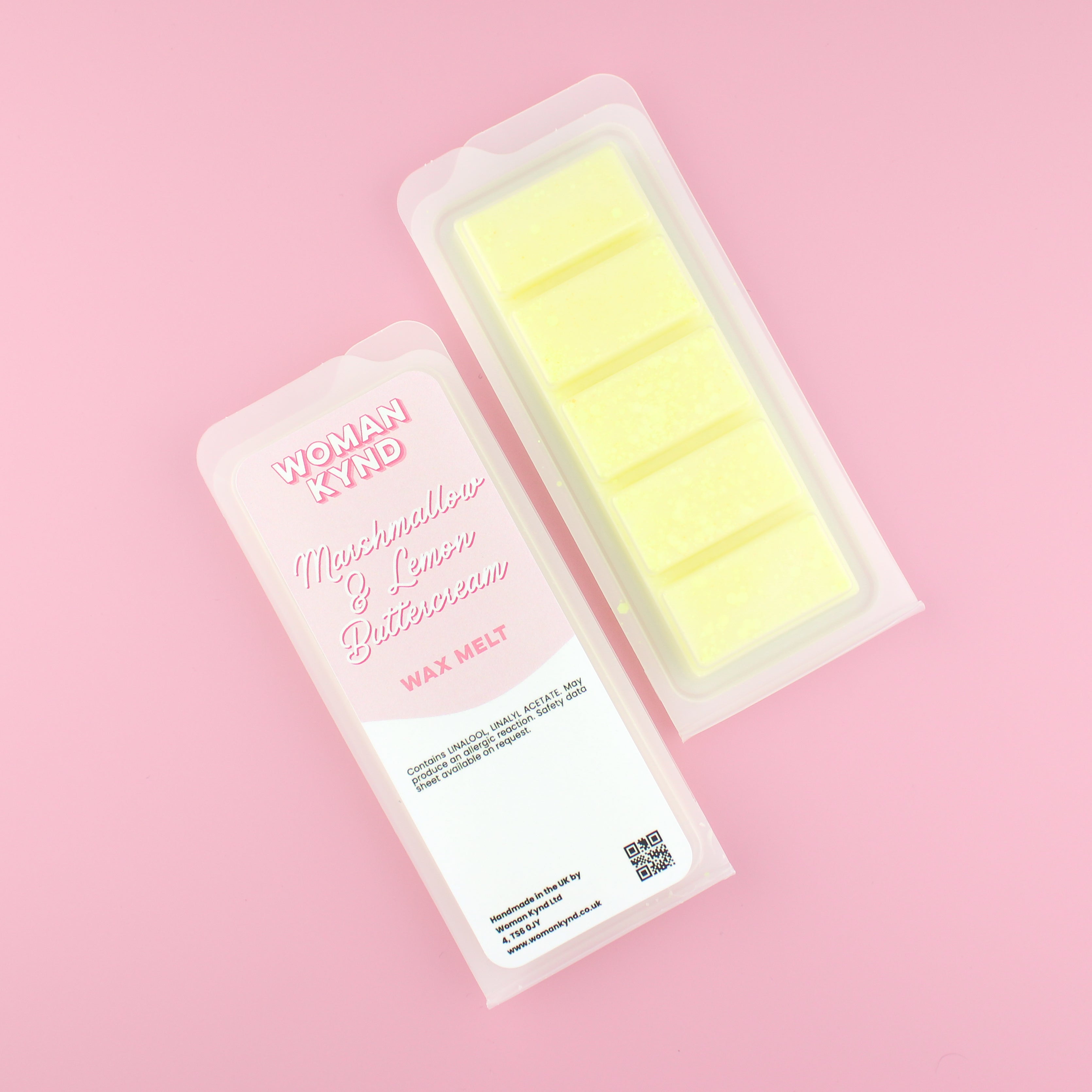 Two images of a Woman Kynd five segment pale yellow Wax Melt with white glitter, both in a frosted clamshell. The first image displays the pink and white label with the words Woman Kynd Marshmallow & Lemon Buttercream Wax Melt and the CLP information, and the other image is of the reverse side showing the Wax Melt Itself. Both images are against a solid pink background.
