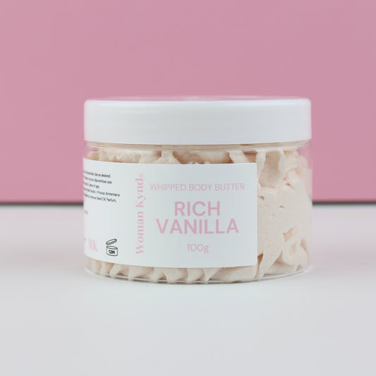 Jar of Rich Vanilla Whipped Body Butter on a pink background