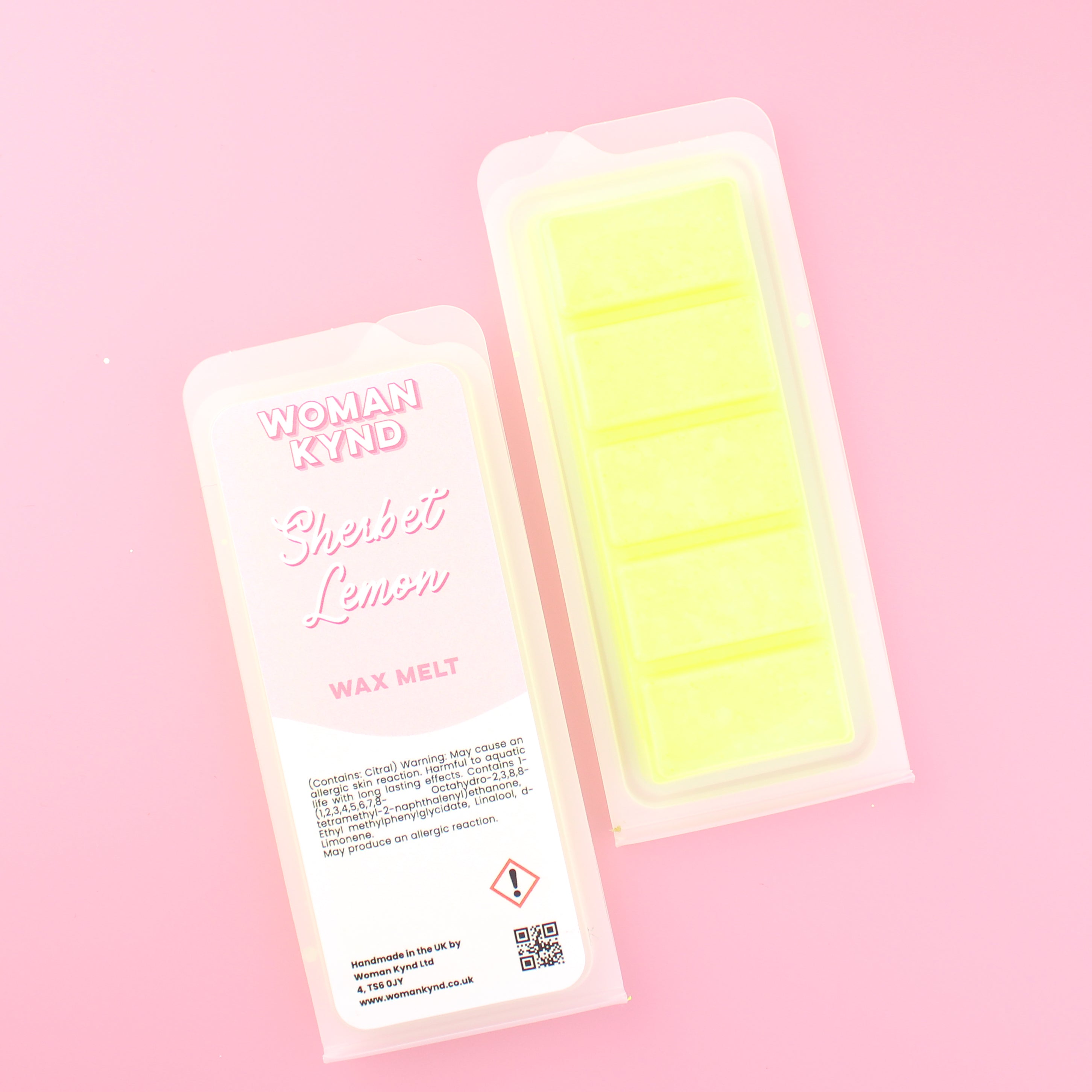 Two images of a Woman Kynd five segment fluorescent yellow Wax Melt with yellow glitter, both in a frosted clamshell. The first image displays the pink and white label with the words Woman Kynd Sherbet Lemon Wax Melt and the CLP information, and the other image is of the reverse side showing the Wax Melt Itself. Both images are against a solid pink background.
