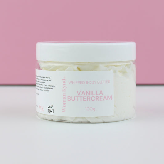 Jar of Vanilla Buttercream body butter with a pink background