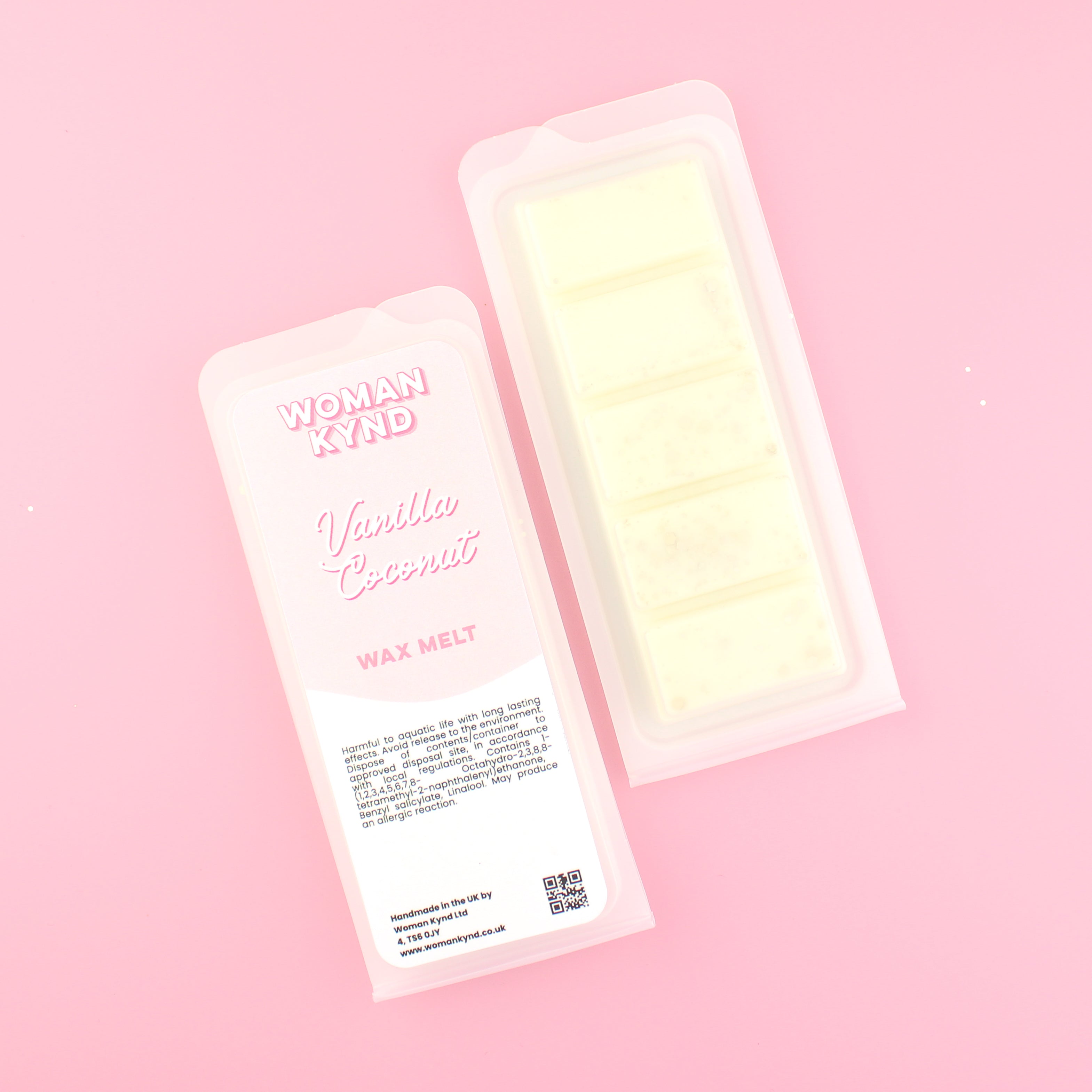 Two images of a Woman Kynd five segment cream coloured Wax Melt with gold glitter, both in a frosted clamshell. The first image displays the pink and white label with the words Woman Kynd Vanilla Coconut Wax Melt and the CLP information, and the other image is of the reverse side showing the Wax Melt Itself. Both images are against a solid pink background.